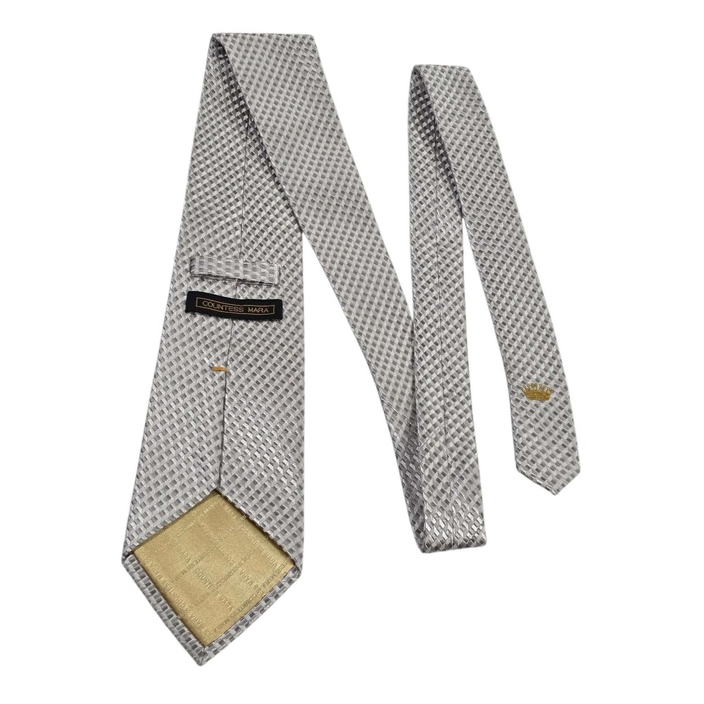 COUNTESS MARA Silk Mens Necktie‎ Grid Pattern Silver Tone Luxury Formal Power
